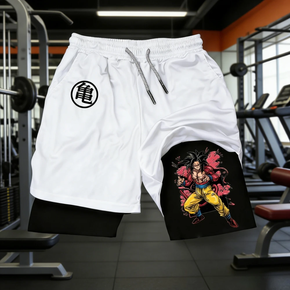 

2026 Summer Dragon Ball Anime Print Double-Layer Shorts for Fitness and Sports High-Quality and Fashionable Casual Men's Shorts