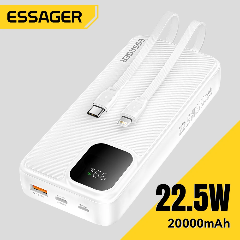 Портативное зарядное устройство Essager 20000 мАч Power Bank для iPhone 16 15 14 13 Xiaomi Huawei PowerBank с быстрой зарядкой 10000 мАч с 2 кабелями