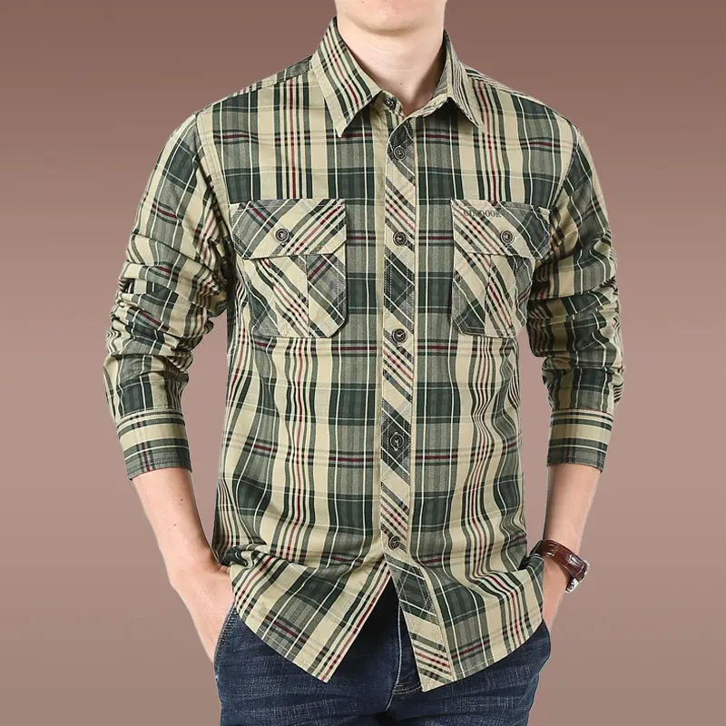 Moda uomo camicia a quadri a righe in cotone militare primavera autunno manica lunga tasca con risvolto Streetwear Vintage Casual top larghi 2023