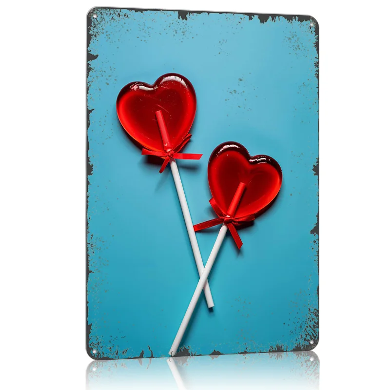 Dos piruletas de corazón rojo en comida azul, póster de Metal de aluminio, cosas para diseño de habitación, carteles de estaño de Metal personalizados para decoración de arte de pared