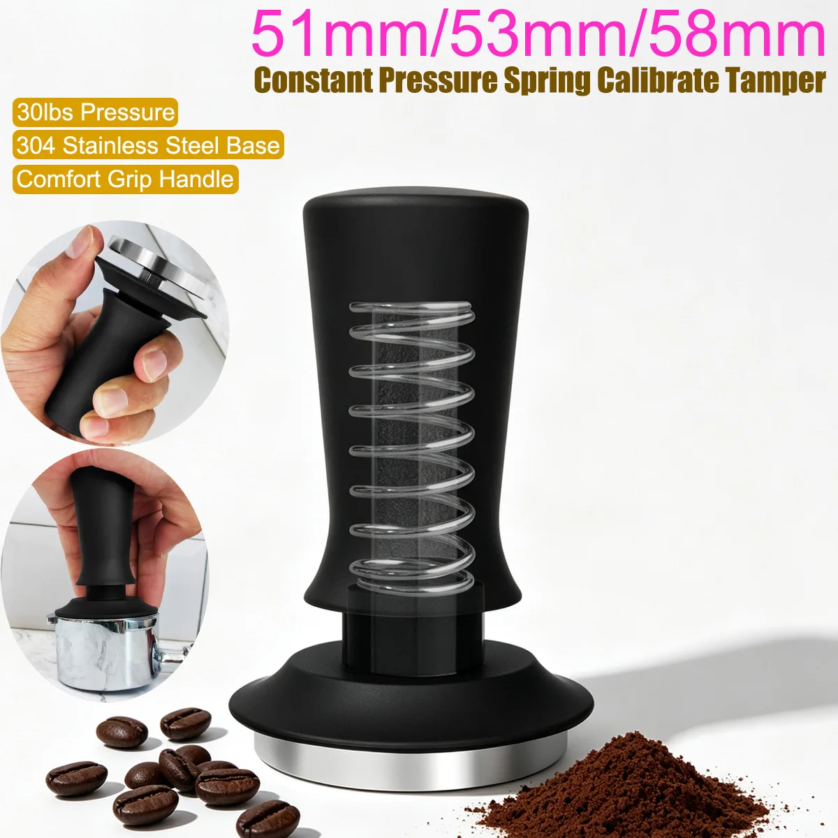 51mm 53mm 58mm Espresso Tamper Barista Coffee Tamper with Calibrated Spring Loaded 304 Stainless Steel Tampers