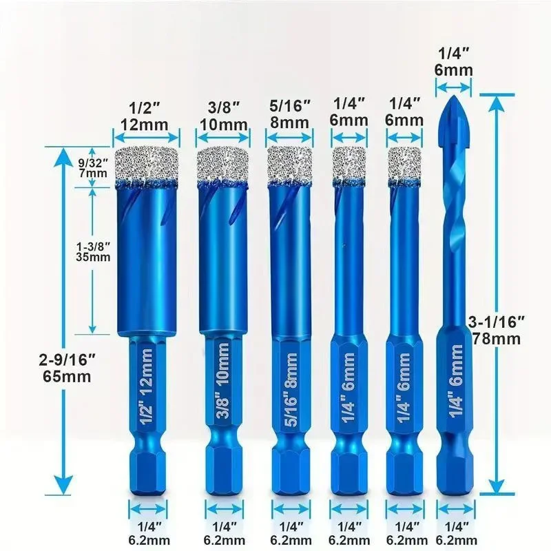6pcs Hex Shank Spiral Groove Dry Drill Core Bit Set Drill Bit Set for Hard Tiles Ceramic Porcelain Stoneware Marble Granite