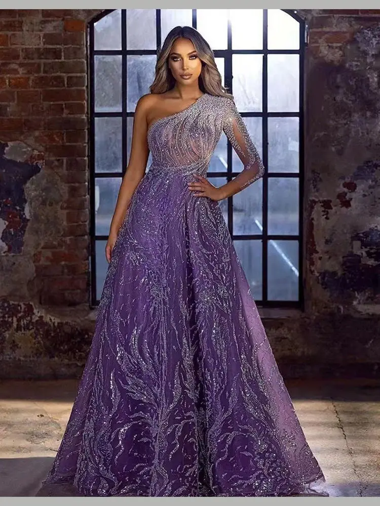 Sparkling Purple Mesh Prom Dress One Shoulder Neckline with Sheer Mesh Long Sleeve Floor Length 2023 Elegant Party Dress