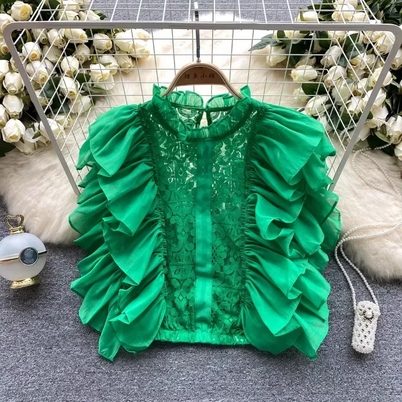 Vintage Elegant  Lace Petal Sleeve Blouse French Hollow Out Hook Flower Shirt Casual Chic Top Fairy Summer Women Clothing 2025
