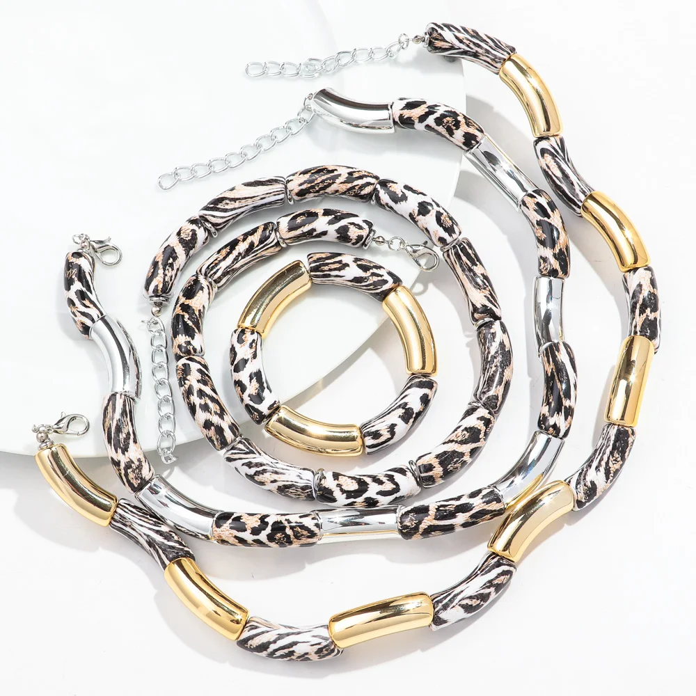 New Trend Acrylic Leopard Printing Chunky Bamboo Bracelets for Women Resin Elastic Tube Beads Necklace 2024 Fashion Jewelry