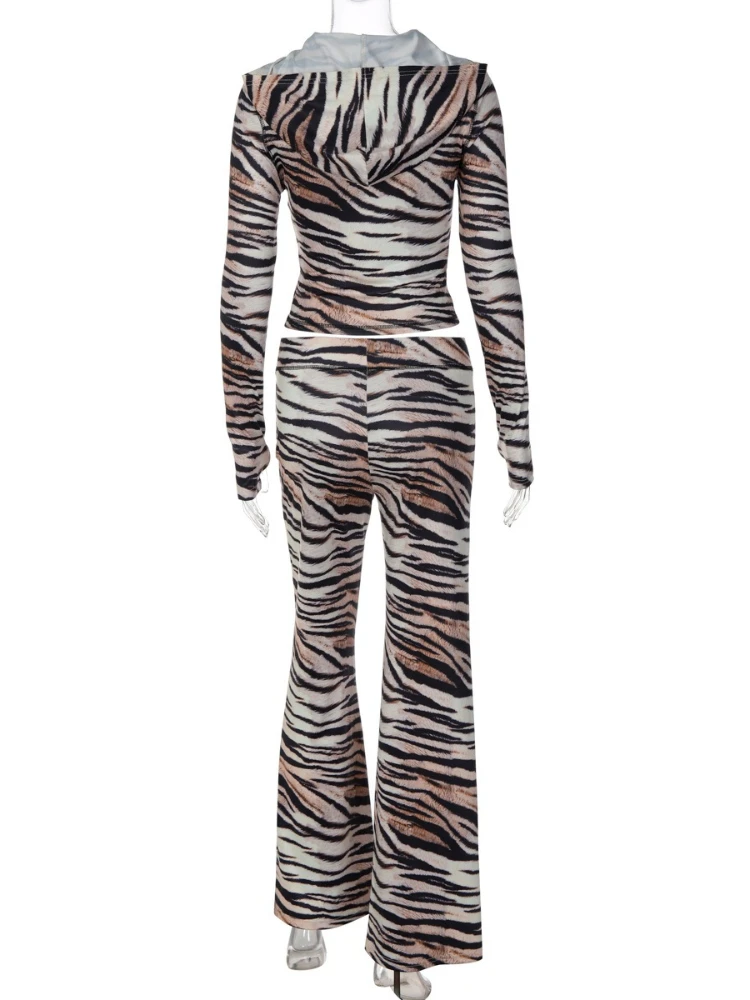 Women's Hooded Zipper Long Sleeve Cardigan Tops+Long Pants 2 Piece Set Female Zebra-stripe Leopard Printed Tracksuits Streetwear
