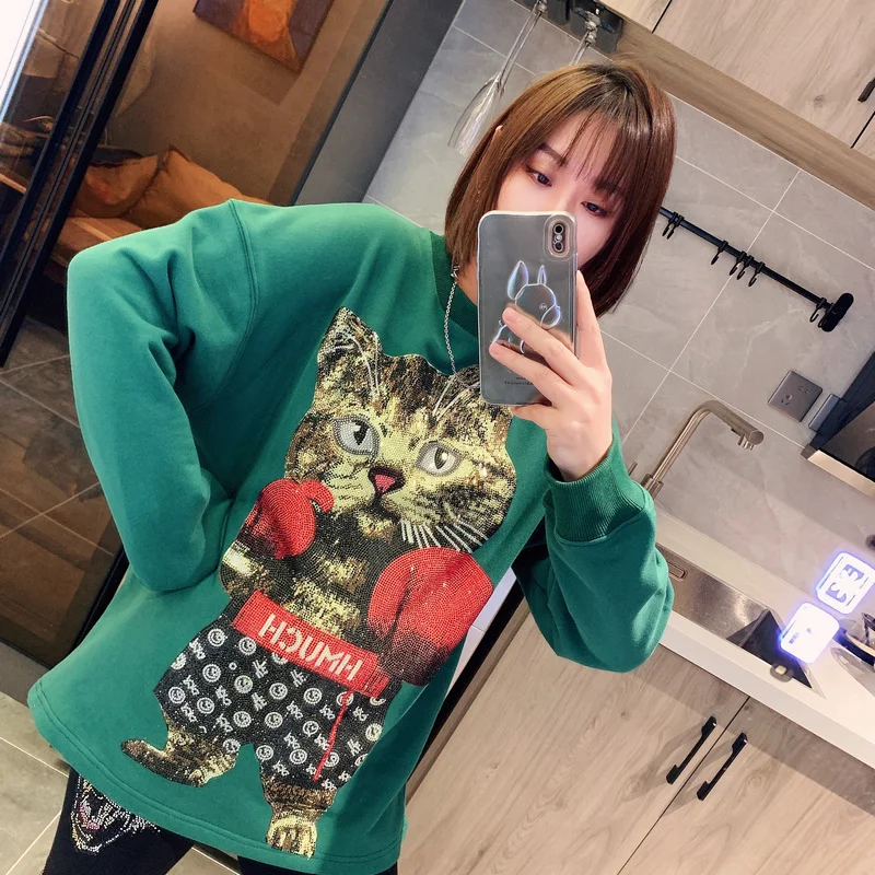 Brand Unisex Tide Hot Drilling Sweatshirt O-neck Pullover Bottoming Top 2023 New Autumn Boxing Cat Trendy Women Hoodie Harajuku