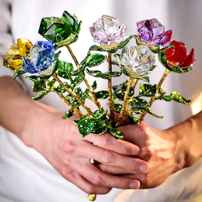 7-Farben-Kristall-Rosenvase-Figur, goldene grüne Blätter, Rose, Ornament, Heimdekoration, Geburtstag, Hochzeit, Geschenk – Detail 2