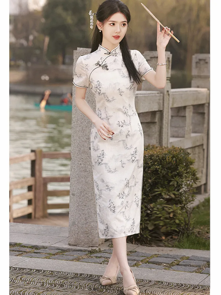 Vinatge Chinese Style Qipao Elegant Women Short Sleeve Cheongsam Classic Evening Party Dress Gown