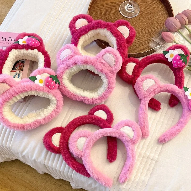 Cartoon Pink Strawberry Bear Headband Plush Face Wash Hairband Pressed Hair Anti-Slip Headband for Women Hair Accessoires