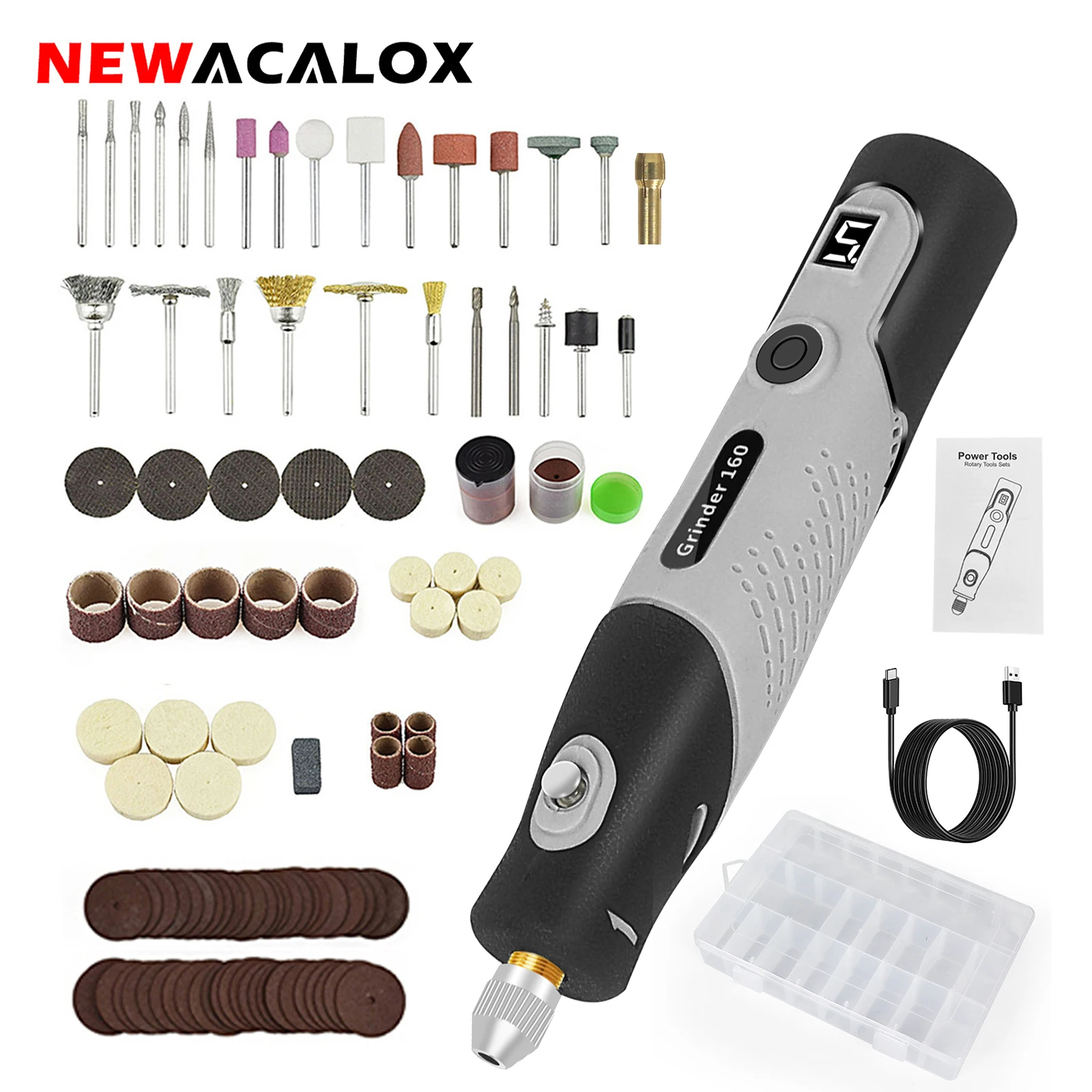 NEWACALOX Cordless Rotary Tool Kit 100PCS Accessories Mini Engraving Tool LCD 5 Speeds Settings 5000-18000 RPM for Wood Carving