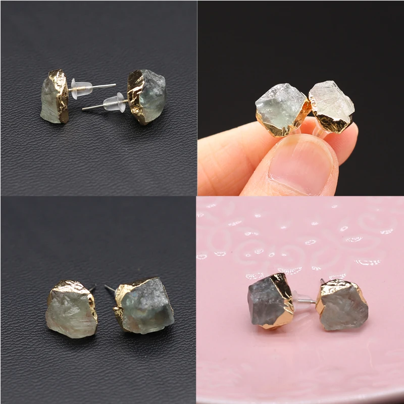 Natural Glazed Jade Quartz Crystal Rough Stones Earring Electroplated Wrap Edge Ear Studs Earrings for Women Luxury Jewelry Gift