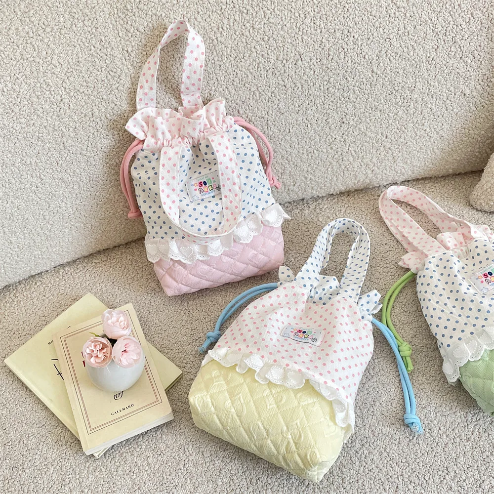 Polka Dot Lace Patchwork Drawstring Makeup Bag, Quilted Contrast Color Cosmetic Pouch for Women, Portable Travel Organizer