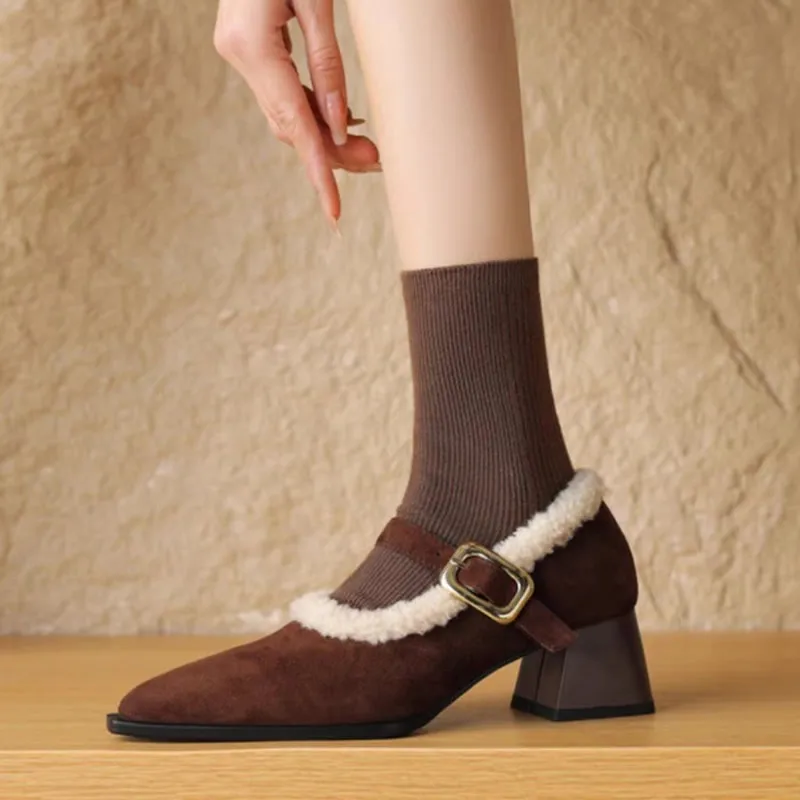 

2025 Elegant Metal Buckle Mary Janes Chic Brand Design Fur Low Heel Dress Shoes Ladies Winter Warm Plush Belt Pump Zapatos