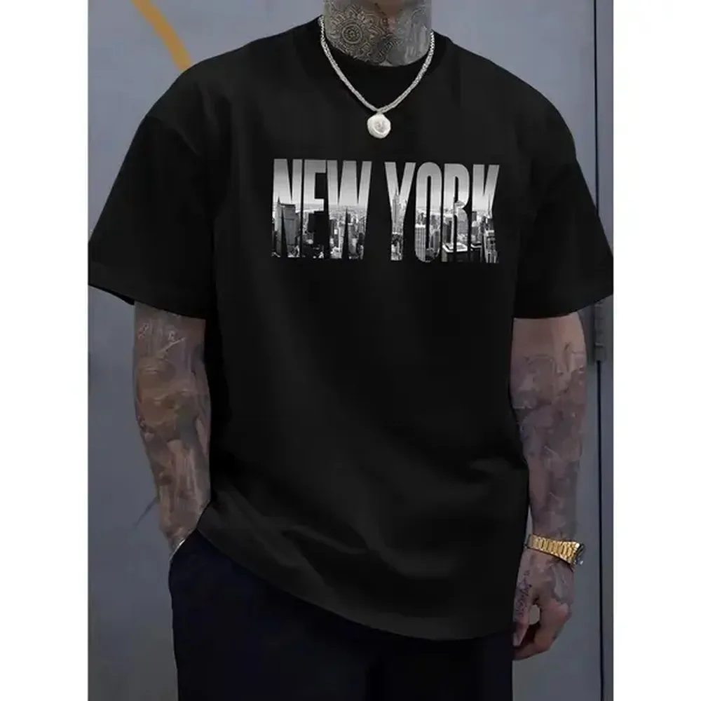 Cotton Short Sleeve T-Shirt Casual Polyester Short Sleeve Graphic Tee - Men's Classic New York City T-Shirt - Distressed Letter Print, Round Neck, Summer Essential