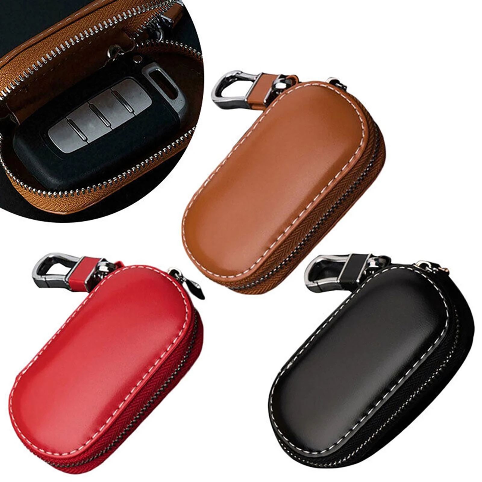 Black/Red/Brown Leather Car Remote Key Fob Chain Zipper Pouch Wallet Holder Bags Case Cover Car Key Wallets Organizer