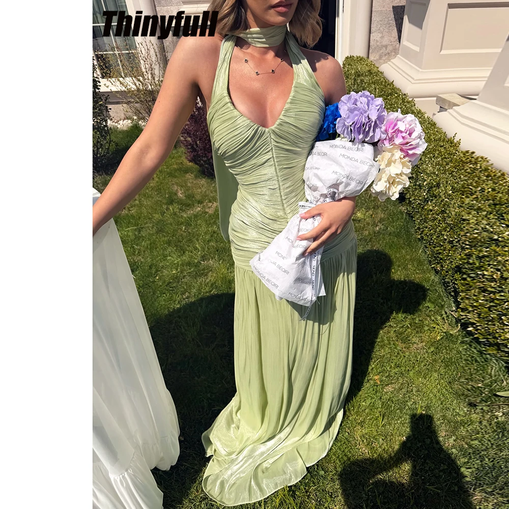 

Thinyfull Mermaid Prom Dress 2026 Sleeveless Halter Shiny Satin Evening Dress Vestidos De Fiesta Elegantes Party Gown Customized