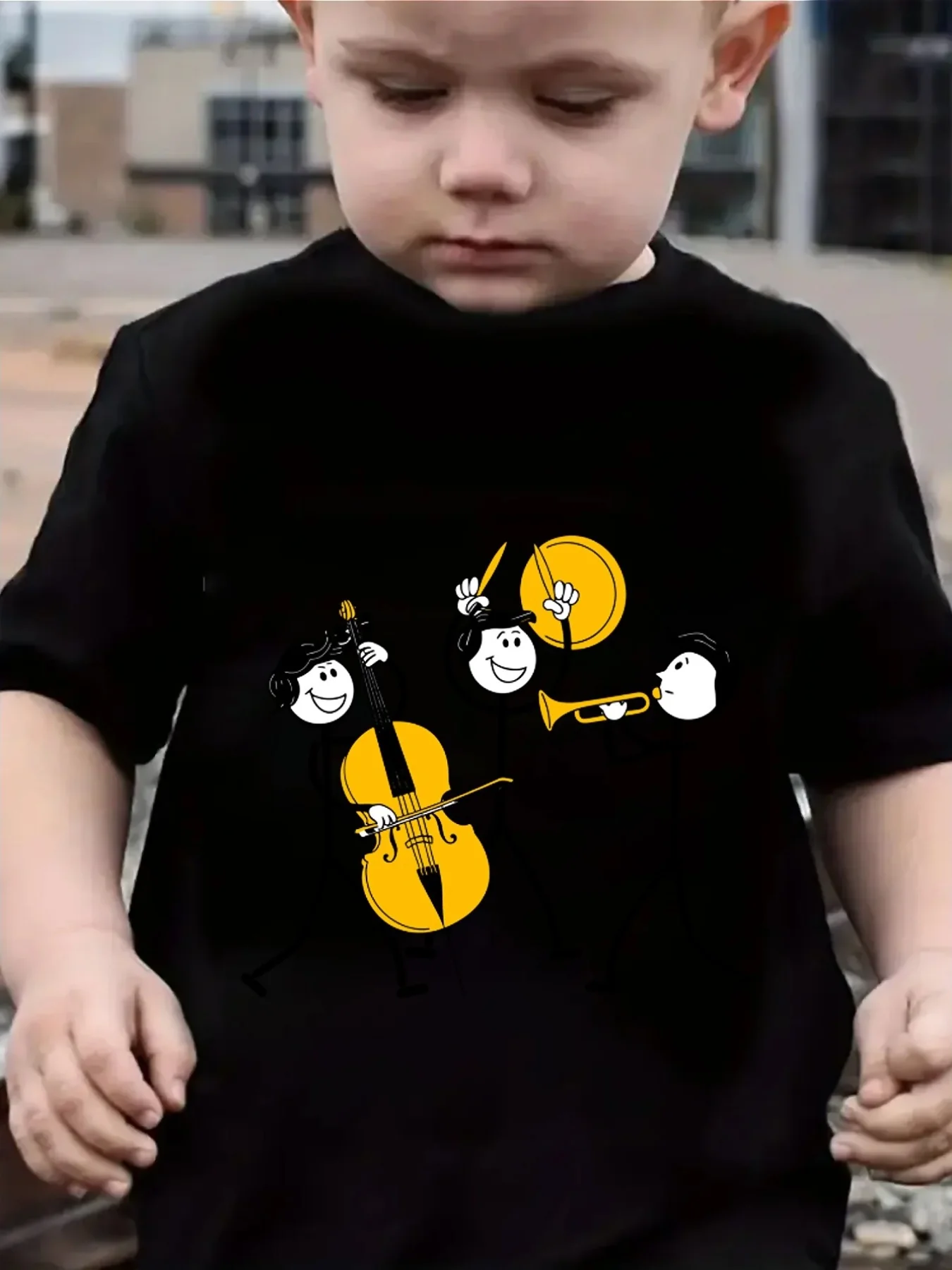 Stick Figures Playing Musical Instruments Graphic Family Matching T Shirt Boys Girls Short Sleeve Summer Crew Neck Casual Tops