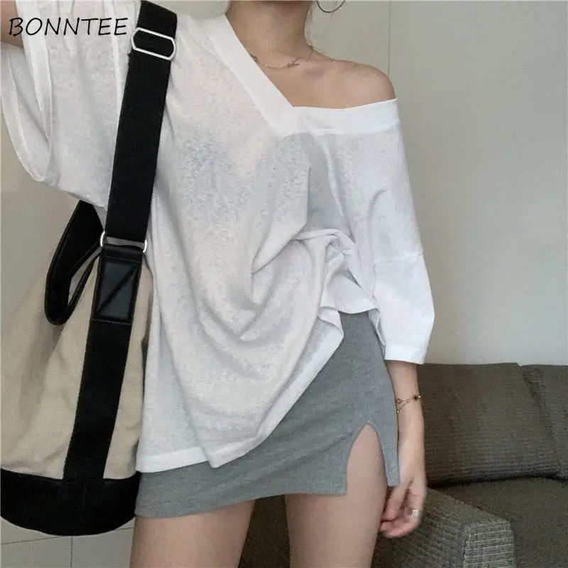 L-4XL V-neck T-shirts Women Loose Lazy Summer Sun-proof Simple Vintage All-match Casual Korean Version Streetwear Female Elegant