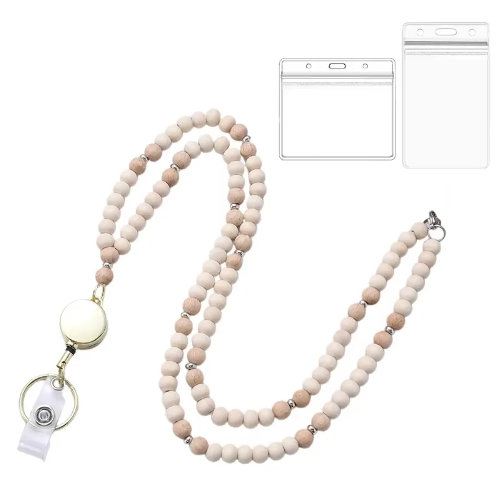 Retractable ID Badge Holder Lanyard Natural Wood Bead with 2pcs Card Holder Wood Beaded Lanyard Multi-Functional Convenient