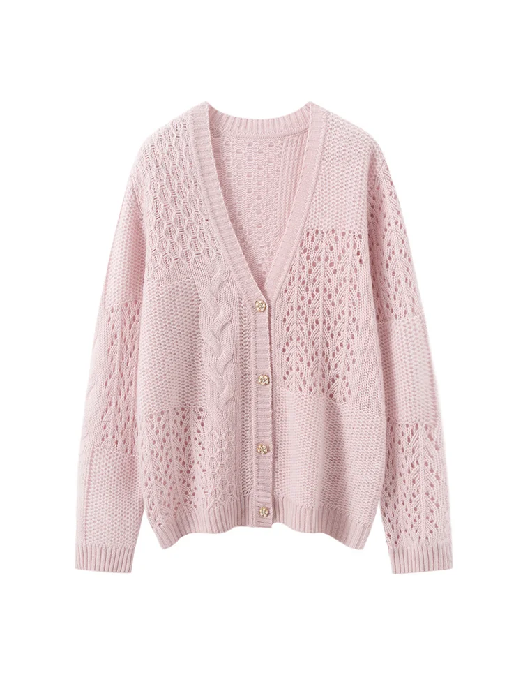 Chic Herbst Winter Grace Weiche Jacquard Hohl Strickjacke Neue V-ausschnitt Adrette frauen 100% Kaschmir Pullover Luxus gestrickte Tops