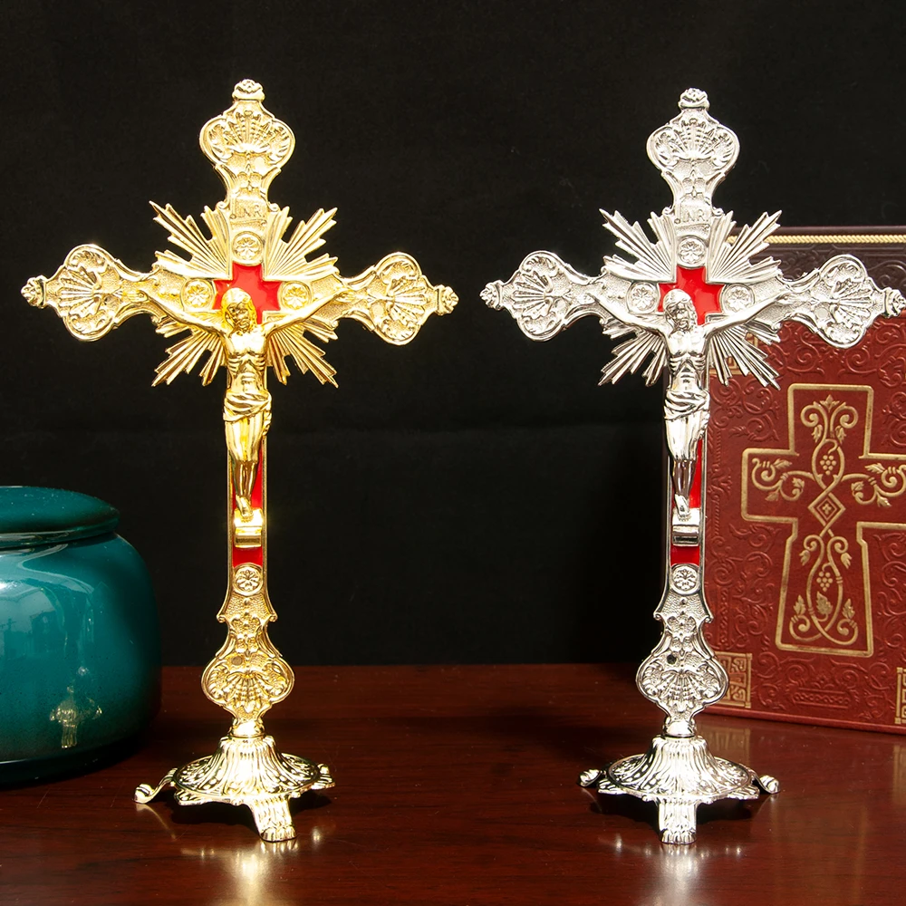 HTISOK Katholisches Jesus-Kreuz, stehendes katholisches Kreuz, katholisches Tischornament aus Zinklegierung, Geschenk für Freunde – Detail 13