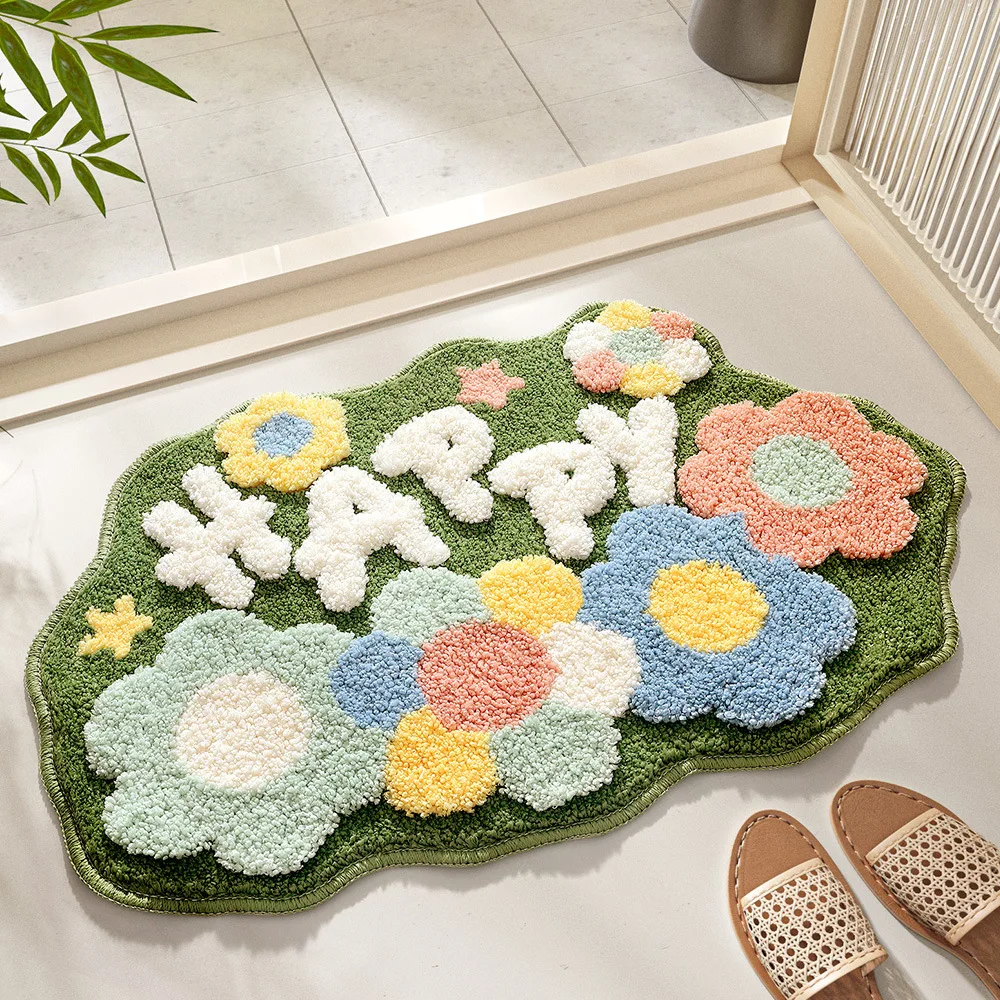 

Fresh Style Bathroom Carpet Flocking Bathroom Foot Mat Absorbent Anti-Slip Entrance Flower Shaped Cute Luxury Fluffy Thick Rugs