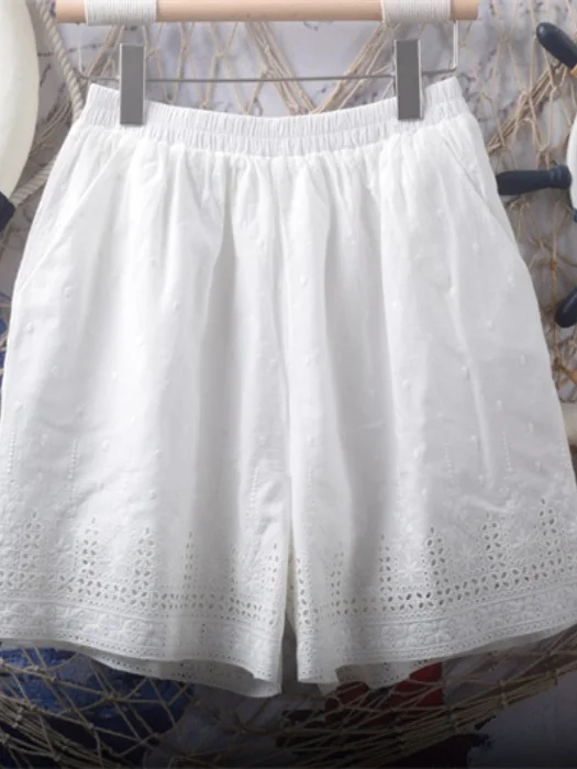 Ele Koreanische Sle bestickte reine Baumwolle samt gefüttert hohe Taille lose Passform weiße Ort Hosen Damen Faion Sommer tragen