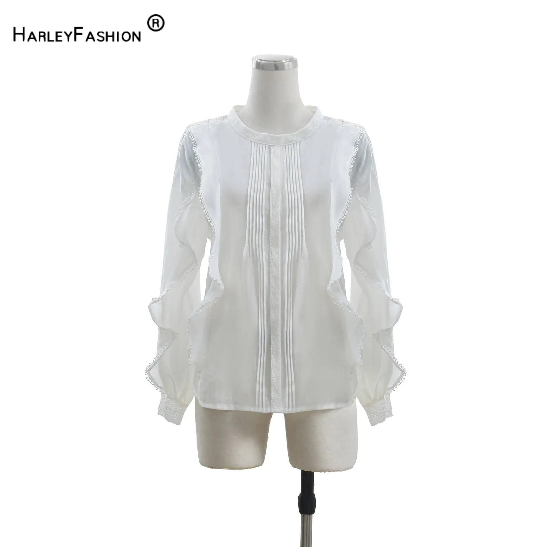 2024 White Vintage French Style Lady Elegant Ruffles Top Round Collar Long Sleeve Lace Patchwork Women Solid Blouse