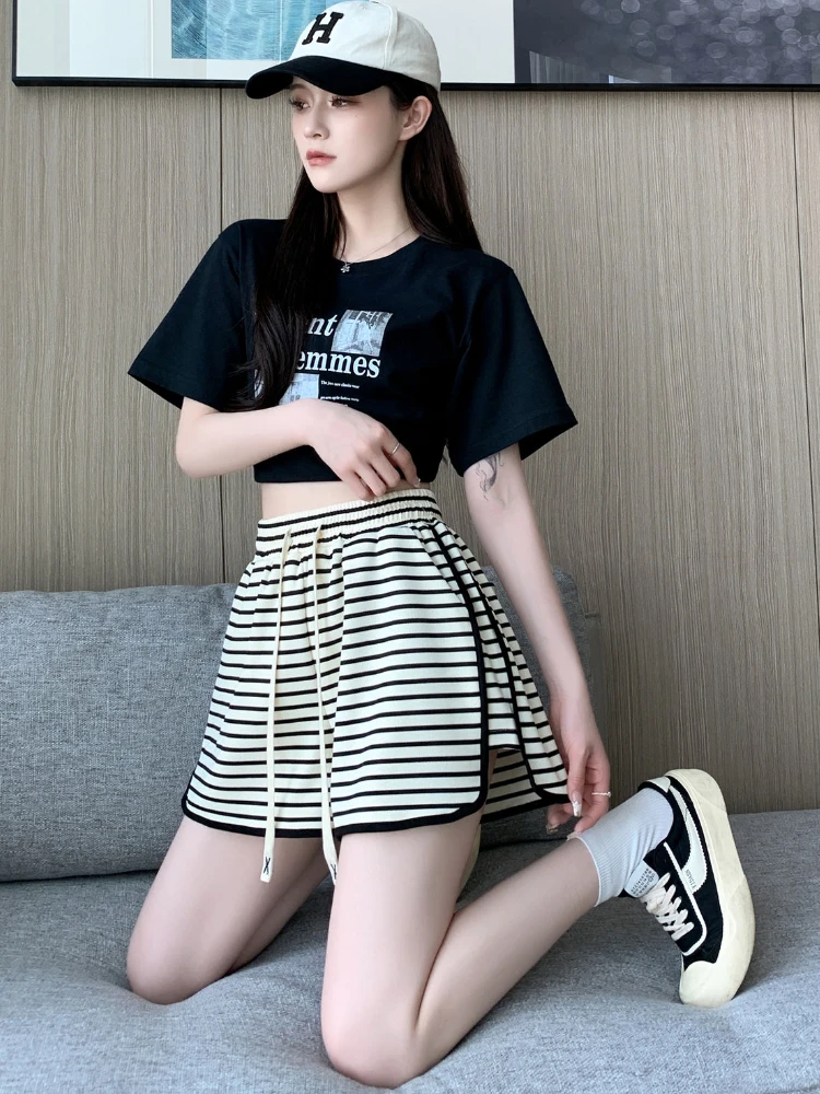 Shorts Women Simple Daily Streetwear Chic Lace-up All-match Ulzzang Office Loose Pockets Design Sporty Leisure Striped Fashion