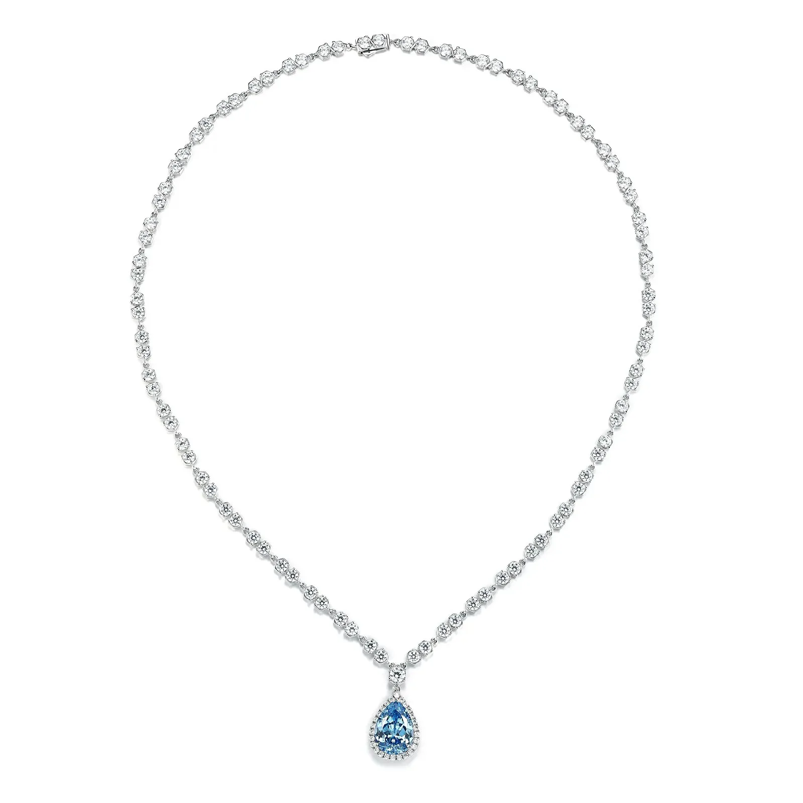 Luxury 925 Sterling Silver Necklace Artificial Pear Aquamarine Halo Pendant Statement Fine Jewelry for Women's Engagement Gifts