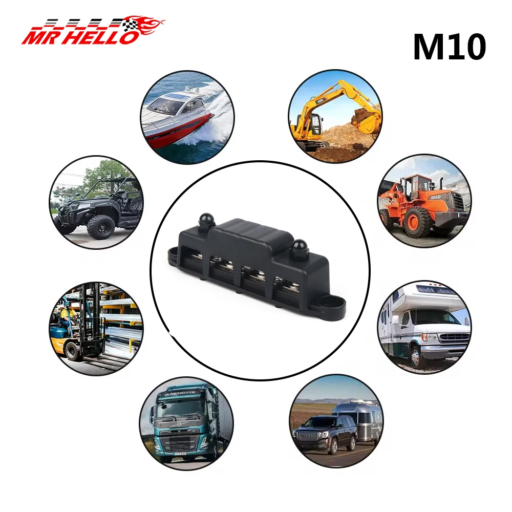 M10 Screw 12V-48V 250A Bus Bar Terminal Battery Power Distribution Block With Cover 4 for Automobile Boat RV Truck