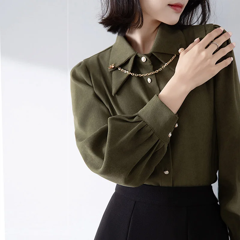 Vintage OL Shirt for Women Autumn Chic Chain Blouse Women Long Sleeves Womens Tops Fashion Brushed Corduroy Shirt Women Clothing