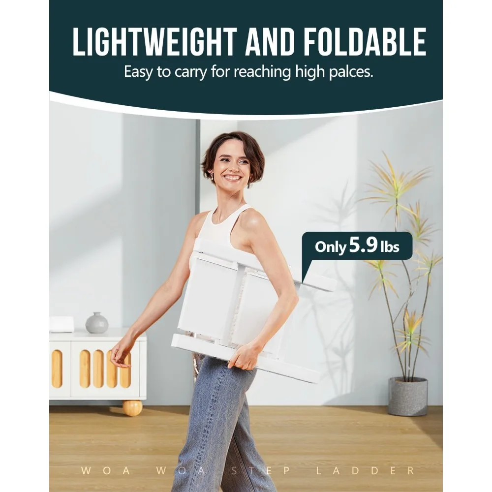 سلم ألومنيوم قابل للطي، سعة 300 رطل، دواسات مضادة للانزلاق، خفيف الوزن وموفر للمساحة للاستخدام المنزلي (خطوةان، أبيض) #2