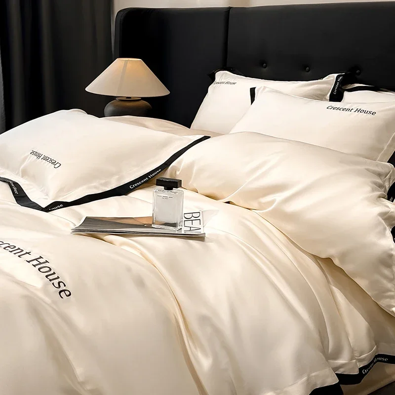 

High-End Ice Rayon Embroidered Bedding Set Summer Breathable Quilt Cover Pillowcase Fitted Sheet Queen/king Bed Quilt Cover Sets