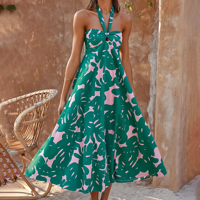 Summer New Floral Print Bohemian Dress For Women Sexy Halter Hollow Long Party Dress Holiday Beach Backless A-Line Maxi Dress