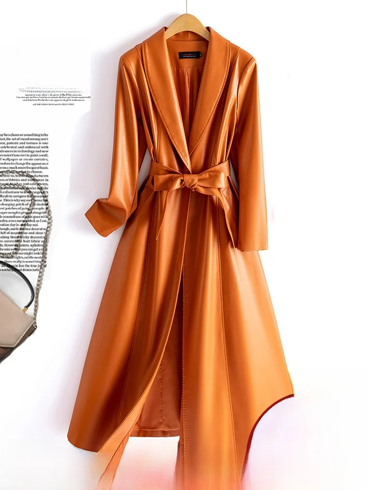 

Женская кожаная куртка из овчины средней длины, весна 2026, новый корейский стиль, приталенная, выше колена, с поясом, ветровка