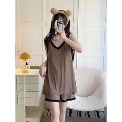 Large Size Movement Fallow Thin Ice Silk Set Pajamas for Women Sleeveless Vest Shorts Clean Plate Loungewear Can Be Worn Outside