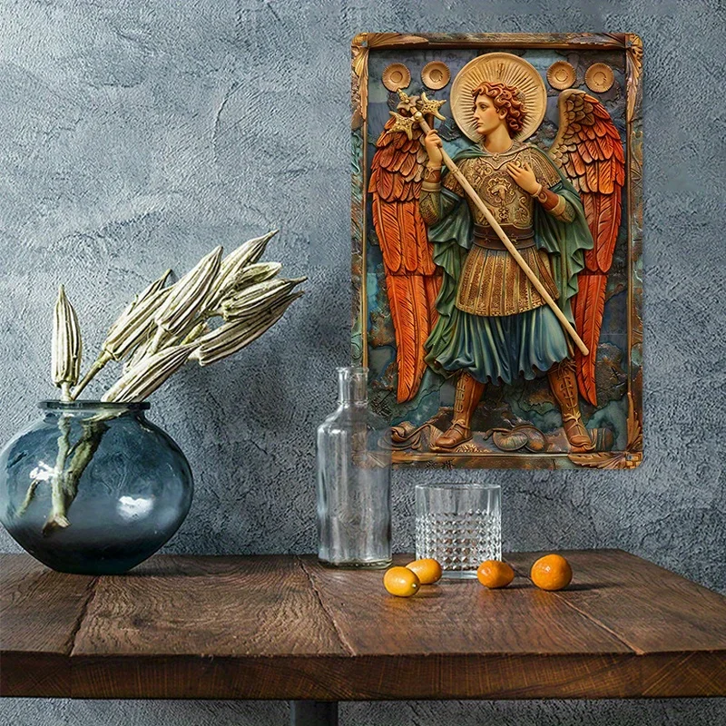 لوحة فنية جدارية من الألومنيوم من Archangel Michael Vintage، لافتة معدنية قديمة للمنزل والمرآب وديكور المقهى والحديقة - هدية مثالية للعطلات