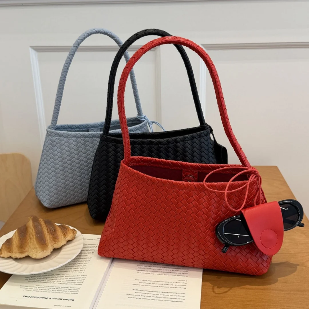 Women Handmade Woven PU Underarm Bag Large Capacity Hobo Shoulder Bag Korean Minimalist Daily Commute Casual Ladies Hand Purse