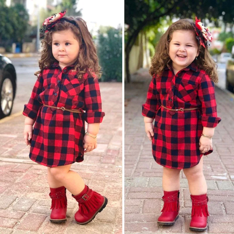 

Children's Spring and Autumn Girls' Long Sleeve Red Plaid Dress+Two-piece children's dress with belt ins