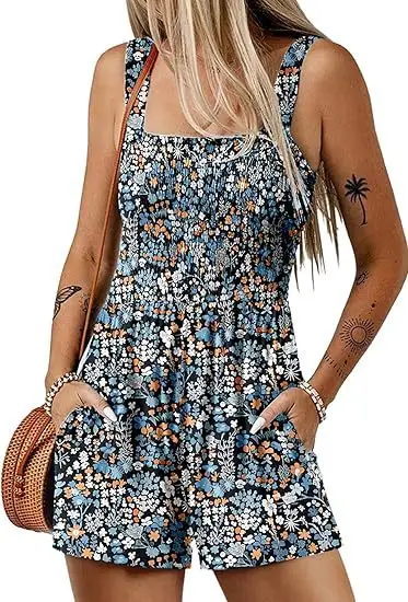 Pagliaccetto Boho da donna monopezzo Moda stampa floreale senza maniche Tute a gamba larga con tasche Pagliaccetto da spiaggia casual senza schienale estivo