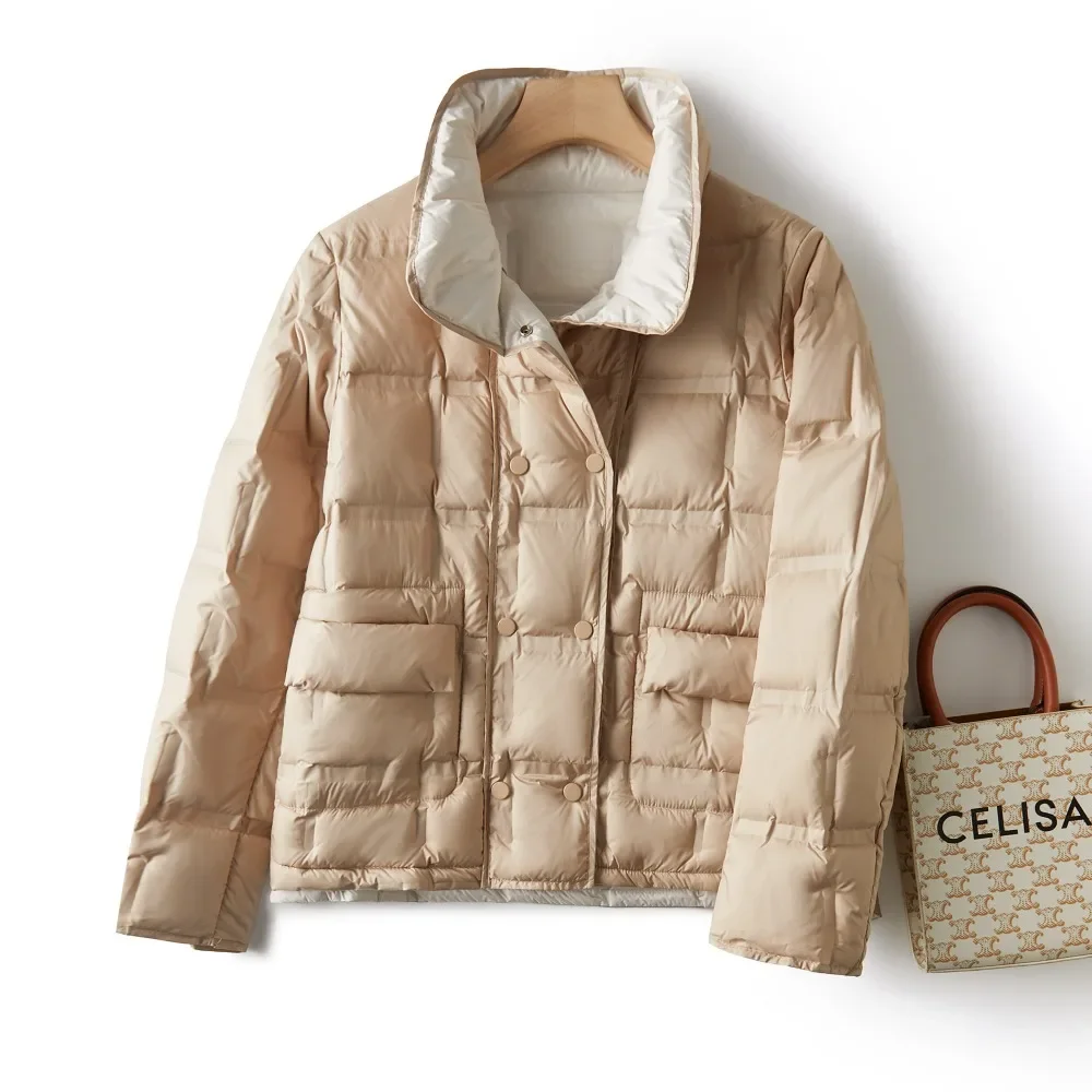 Damska dwustronna kurtka puchowa z białego kaczy puchu, nowość na jesień i zimę 2025, modna, lekka kurtka puchowa damska.