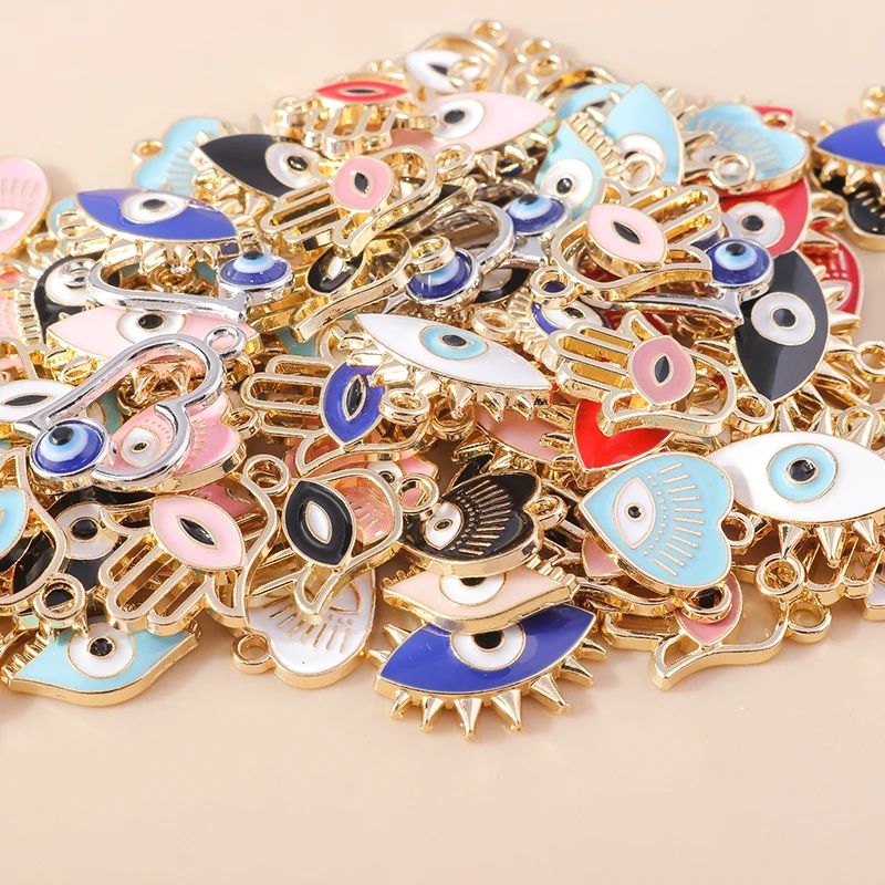 Leslie 10 Stück Türkische Augen-Anhänger, Emaille Hamsa Hand und Böser Blick Anhänger, Verbinder für Ohrringe, Armbänder, Halsketten, DIY Schmuck – Detail 3