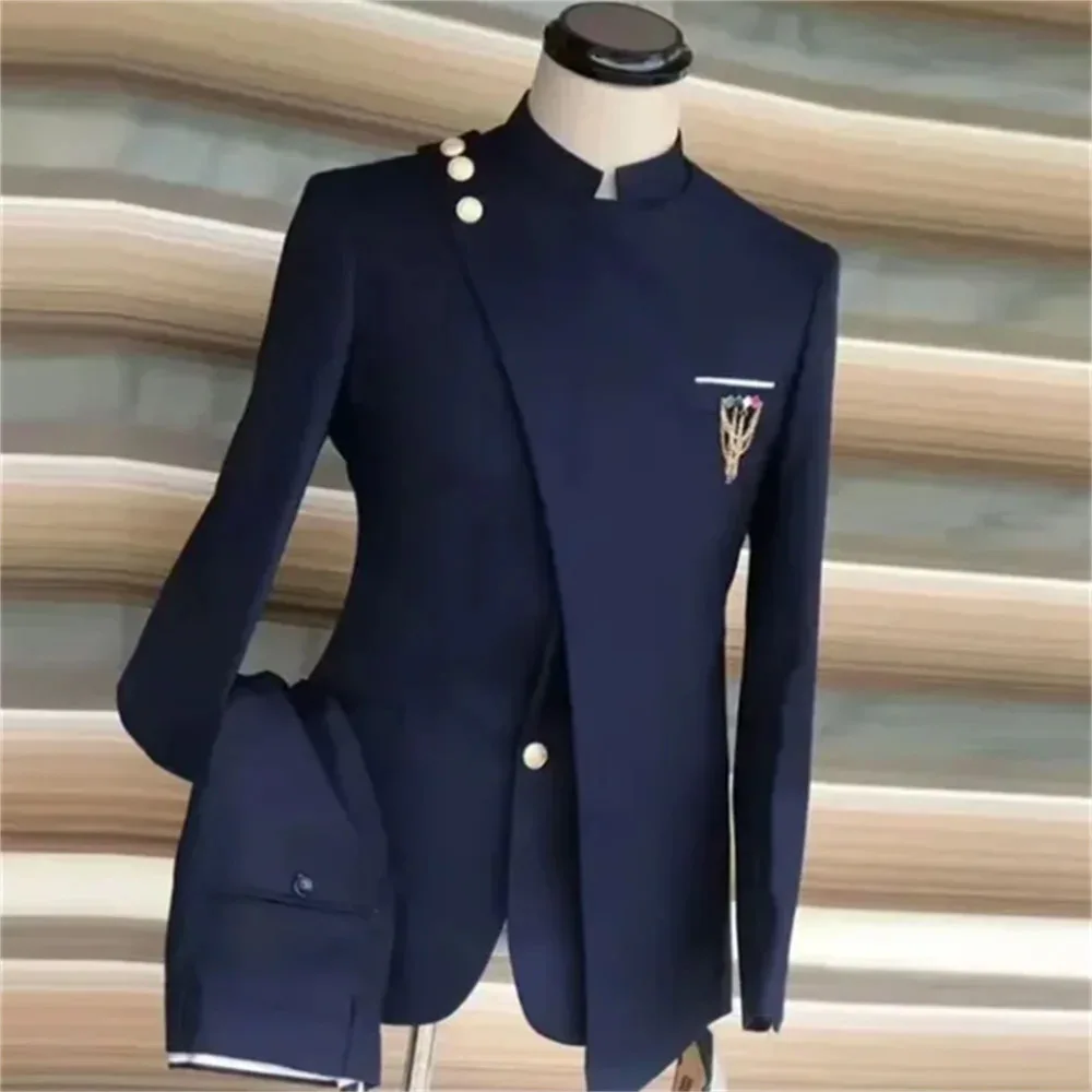 Azul marinho ternos masculinos único breasted suporte lapela blazer estilo africano ocasião formal festa 2 peça jaqueta calças traje homme