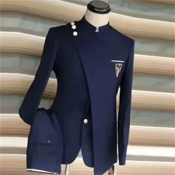 Navy Blue Men's Suits Single Breasted Stand Lapel Blazer African Style Formal Occasion Party 2 Piece Jacket Pants Costume Homme