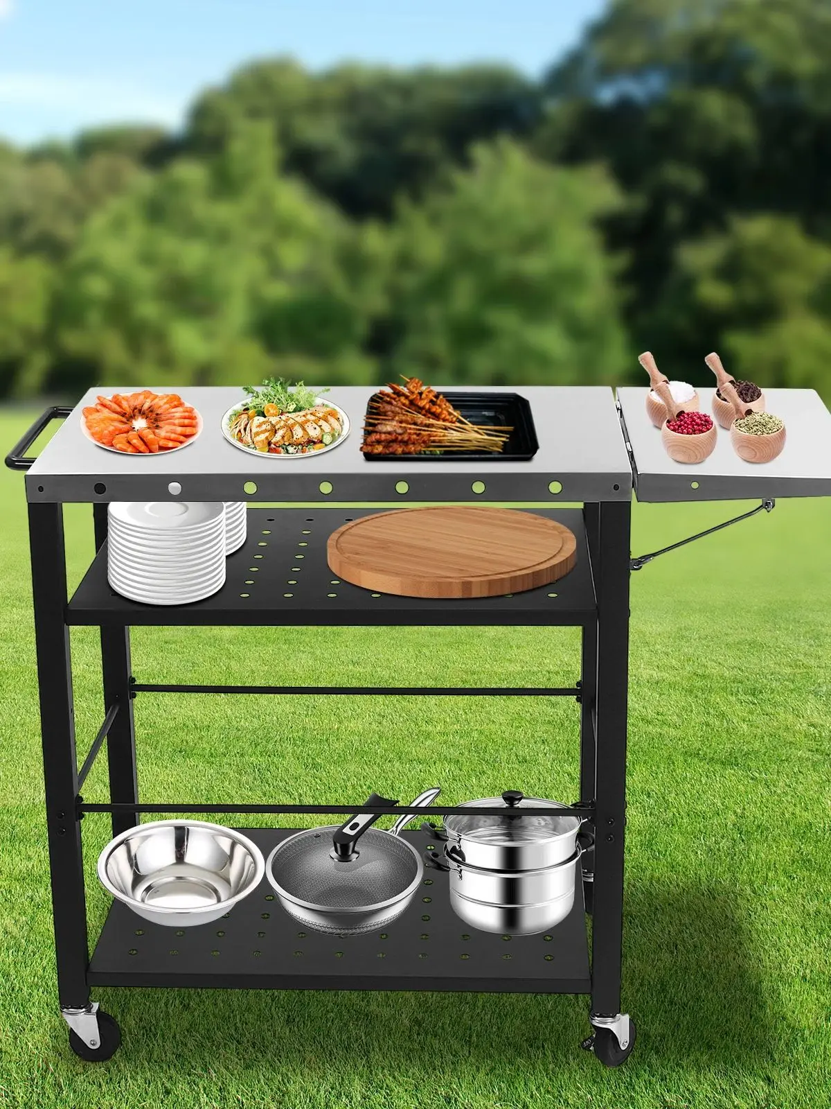 Table de chariot de gril à 4 niveaux, 200lb, pliable, pour barbecue en plein air, avec 4 roues, 31.5x19.7x32.7 pouces, Table de préparation de cuisine pour