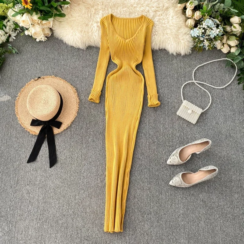 Elegant V Neck Long Sleeve Knit A-line Knitted Dress Slim Fashion Korean Sweater Basics Women Autumn Winter Elastic Clothing