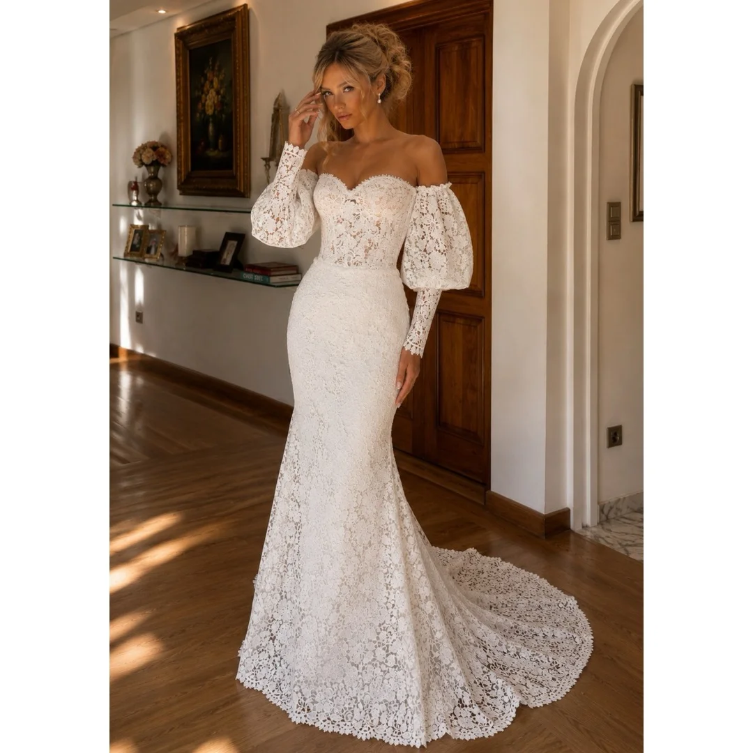 Lace Mermaid Wedding Dresses Slim Fit Long Sleeves Corset Bridal Gown Sweetheart Neck Luxury Party Dress Vestidos Customized
