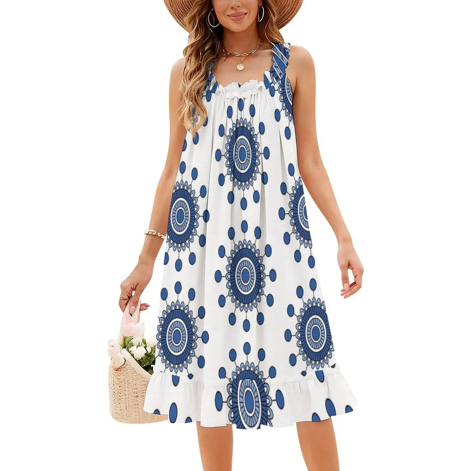فستان عطلة مثير على شكل زهرة ماندالا الزرقاء للنساء لحفلات الشاطئ وأعياد الميلاد فستان قصير لحديقة الزهور بنمط الأزهار الطبيعة النسائية #4